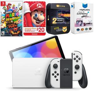 Nintendo Switch White OLED Console with Super Mario 3D World + Bowsers Fury , Nintendo $20 eShop Gift Card, MightySkins Console and Controller Skin Voucher, and 2 Year CPS Extended Warranty