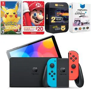 Nintendo Switch Neon Red & Blue OLED Console with Pokemon Let's Go, Pikachu!, Nintendo $20 eShop Gift Card, MightySkins Console and Controller Skin Voucher and 2 Year CPS Extended Warranty