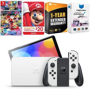 Nintendo Switch White OLED Console with Mario Kart 8 Deluxe, Nintendo $20 eShop Gift Card, MightySkins Console and Controller Skin Voucher, and 1 Year CPS Extended Warranty