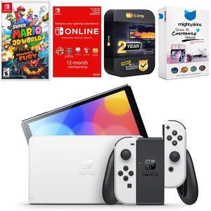 Nintendo Switch White OLED Console with Super Mario 3D World + Bowsers Fury , NSO 12 Month Family Membership, MightySkins Console and Controller Skin Voucher, and 2 Year CPS Extended Warranty