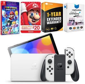 Nintendo Switch White OLED Console with Mario + Rabbids Sparks of Hope Cosmic Edition, Nintendo $20 eShop Gift Card, MightySkins Console and Controller Skin Voucher, and 1 Year CPS Extended Warranty