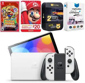 Nintendo Switch White OLED Console with Paper Mario: the Thousand Year Door, Nintendo $20 eShop Gift Card, MightySkins Console and Controller Skin Voucher, and 2 Year CPS Extended Warranty