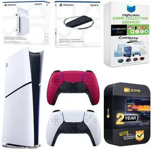 Sony PlayStation 5 Slim Digital Bundle with Disc Drive, Extra Controller, Vertical Stand, MightySkins Game Collection Services and 2 Year Extended Warranty - Cosmic Red