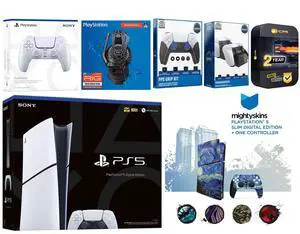 Sony Playstation 5 Slim Digital with Extra Chroma Pearl Controller, Plantronics Headset, FPS Grip Kit, Charge Dock and MightySkins Decal Voucher + 2 Year CPS Extended Warranty
