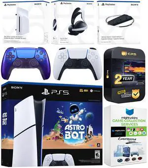 Sony PlayStation 5 Astro Bot Slim Digital Bundle with Disc Drive, Pulse Elite Headset, Extra Controller, Vertical Stand, MightySkins Game Collection Services and 2 Year Extended Warranty - Chroma Ind