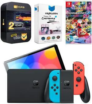 Nintendo Switch Neon Red & Blue OLED Console with Mario Kart 8 Deluxe, MightySkins Console and Controller Skin Voucher, and 2 Year CPS Extended Warranty