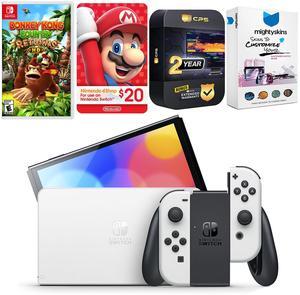 Nintendo Switch White OLED Console with Donkey Kong Country Returns HD, Nintendo $20 eShop Gift Card, MightySkins Console and Controller Skin Voucher, and 2 Year CPS Extended Warranty