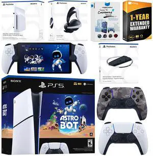 Sony PlayStation 5 Astro Bot Slim Digital Bundle with Disc Drive, Pulse Elite Headset, Extra Controller, PlayStation Portal, Vertical Stand, MightySkins Voucher and 1 Year Extended Warranty - Gray Ca Sony PlayStation 5 Astro Bot Slim Digital Bundle with Disc Drive, Pulse Elite Headset, Extra Controller, PlayStation Portal, Vertical Stand, MightySkins Voucher and 1 Year Extended Warranty - Gray Ca