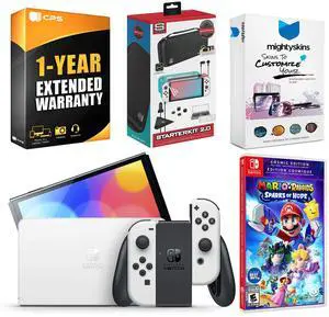 Nintendo Switch White OLED Console with Mario + Rabbids Sparks of Hope Cosmic Edition, Surge Accessory Gaming Kit, MightySkins Console and Controller Skin Voucher, and 1 Year CPS Extended Warranty
