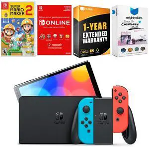 Nintendo Switch Neon Red & Blue OLED Console with Mario Maker 2 , NSO 12 Month Family Membership, MightySkins Console and Controller Skin Voucher and 1 Year CPS Extended Warranty