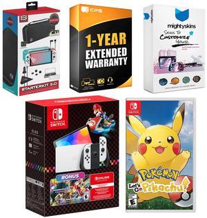 Nintendo Switch OLED Console Mario Kart 8 Deluxe Bundle with Pokemon Let's Go, Pikachu!, Surge Accessory Gaming Kit, MightySkins Console and Controller Skin Voucher, and 1 Year CPS Extended Warranty