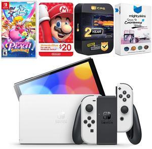 Nintendo Switch White OLED Console with Princess Peach: Showtime!, Nintendo $20 eShop Gift Card, MightySkins Console and Controller Skin Voucher, and 2 Year CPS Extended Warranty