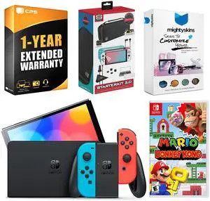 Nintendo Switch Neon Red & Blue OLED Console with Mario vs. Donkey Kong, Surge Accessory Gaming Kit, MightySkins Console and Controller Skin Voucher, and 1 Year CPS Extended Warranty
