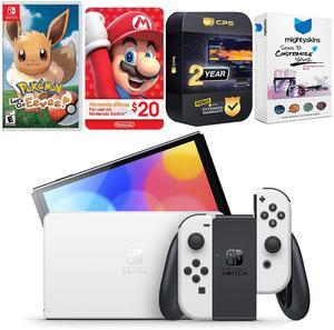 Nintendo Switch White OLED Console with Pokemon Let's Go, Eevee!, Nintendo $20 eShop Gift Card, MightySkins Console and Controller Skin Voucher, and 2 Year CPS Extended Warranty
