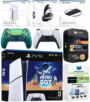 Sony PlayStation 5 Astro Bot Slim Digital Bundle with Disc Drive, Pulse Elite Headset, Extra Controller, Vertical Stand, MightySkins Game Collection Services and 2 Year Extended Warranty - Chroma Tea