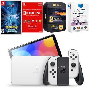 Nintendo Switch White OLED Console with Pokemon Brilliant Diamond, NSO 12 Month Family Membership, MightySkins Console and Controller Skin Voucher, and 2 Year CPS Extended Warranty