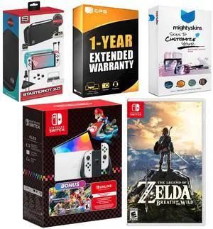 Nintendo Switch OLED Console Mario Kart 8 Deluxe Bundle with the Legend of Zelda: Breath of the Wild, Surge Accessory Gaming Kit, MightySkins Console and Controller Skin Voucher, and 1 Year CPS Exten
