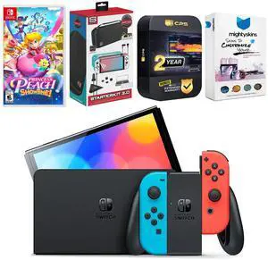 Nintendo Switch Neon Red & Blue OLED Console with Princess Peach: Showtime! Edition, Surge Accessory Gaming Kit, MightySkins Console and Controller Skin Voucher, and 2 Year CPS Extended Warranty