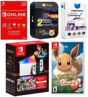 Nintendo Switch OLED Console Mario Kart 8 Bundle with Pokemon Let's Go, Eevee!, NSO 12 Month Family Membership, MightySkins Console and Controller Skin Voucher, and 2 Year CPS Extended Warranty