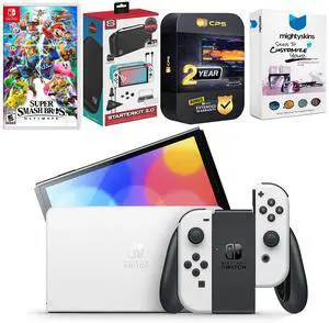 Nintendo Switch White OLED Console with Super Smash Bros. Ultimate, Surge Accessory Gaming Kit, MightySkins Console and Controller Skin Voucher, and 2 Year CPS Extended Warranty