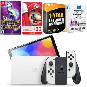 Nintendo Switch White OLED Console with Pokemon Violet, Nintendo $20 eShop Gift Card, MightySkins Console and Controller Skin Voucher, and 1 Year CPS Extended Warranty