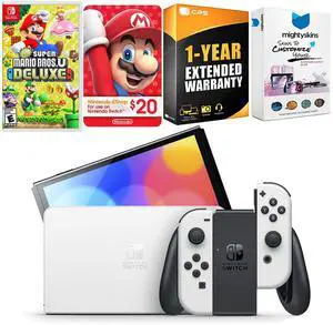 Nintendo Switch White OLED Console with New Super Mario Bros. U Deluxe, Nintendo $20 eShop Gift Card, MightySkins Console and Controller Skin Voucher, and 1 Year CPS Extended Warranty