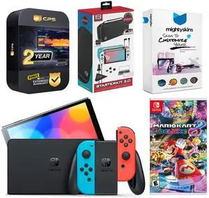 Nintendo Switch Neon Red & Blue OLED Console with Mario Kart 8 Deluxe, Surge Accessory Gaming Kit, MightySkins Console and Controller Skin Voucher, and 2 Year CPS Extended Warranty