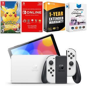 Nintendo Switch White OLED Console with Pokemon Let's Go, Pikachu!, NSO 12 Month Family Membership, MightySkins Console and Controller Skin Voucher, and 1 Year CPS Extended Warranty