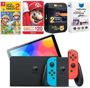 Nintendo Switch Neon Red & Blue OLED Console with Mario Maker 2, Nintendo $20 eShop Gift Card, MightySkins Console and Controller Skin Voucher and 2 Year CPS Extended Warranty