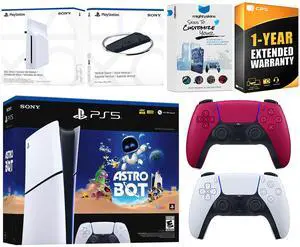 Sony PlayStation 5 Astro Bot Slim Digital Bundle with Disc Drive, Extra Controller, Vertical Stand, MightySkins Voucher and 1 Year Extended Warranty - Cosmic Red