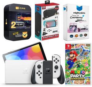 Nintendo Switch White OLED Console with Mario Party Superstars, Surge Accessory Gaming Kit, MightySkins Console and Controller Skin Voucher, and 2 Year CPS Extended Warranty
