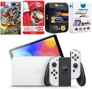 Nintendo Switch White OLED Console with Mario Strikers Battle League, Nintendo $20 eShop Gift Card, MightySkins Console and Controller Skin Voucher, and 2 Year CPS Extended Warranty