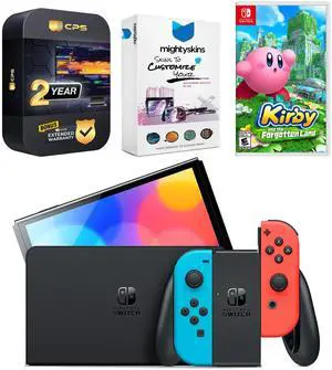 Nintendo Switch Neon Red & Blue OLED Console with Kirby and the Forgotten Land, MightySkins Console and Controller Skin Voucher, and 2 Year CPS Extended Warranty