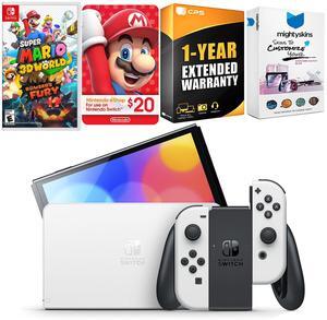 Nintendo Switch White OLED Console with Super Mario 3D World + Bowsers Fury , Nintendo $20 eShop Gift Card, MightySkins Console and Controller Skin Voucher, and 1 Year CPS Extended Warranty