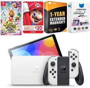 Nintendo Switch White OLED Console with Rabbids: Party of Legends, Nintendo $20 eShop Gift Card, MightySkins Console and Controller Skin Voucher, and 1 Year CPS Extended Warranty