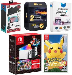 Nintendo Switch OLED Console Mario Kart 8 Deluxe Bundle with Pokemon Let's Go, Pikachu!, Surge Accessory Gaming Kit, MightySkins Console and Controller Skin Voucher, and 2 Year CPS Extended Warranty