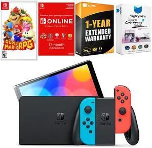 Nintendo Switch Neon Red & Blue OLED Console with Super Mario RPG , NSO 12 Month Family Membership, MightySkins Console and Controller Skin Voucher and 1 Year CPS Extended Warranty