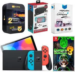 Nintendo Switch OLED Neon with Luigis Mansion 3, Gaming Kit, MightySkins  Voucher and 2 Year CPS Extended Warranty