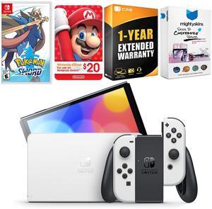 Nintendo Switch White OLED Console with Pokemon Sword, Nintendo $20 eShop Gift Card, MightySkins Console and Controller Skin Voucher, and 1 Year CPS Extended Warranty