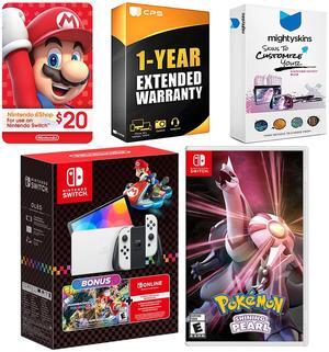 Nintendo Switch OLED Console Mario Kart 8 Bundle with Pokemon Shining Pearl, Nintendo $20 eShop Gift Card, MightySkins Console and Controller Skin Voucher, and 1 Year CPS Extended Warranty
