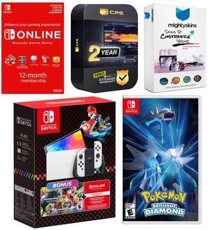 Nintendo Switch OLED Console Mario Kart 8 Bundle with Pokemon Brilliant Diamond, NSO 12 Month Family Membership, MightySkins Console and Controller Skin Voucher, and 2 Year CPS Extended Warranty