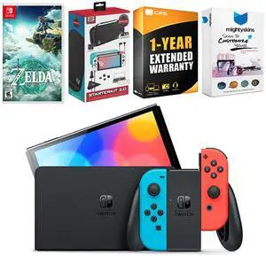 Nintendo Switch Neon Red & Blue OLED Console with the Legend of Zelda: Tears of the Kingdom, Surge Accessory Gaming Kit, MightySkins Console and Controller Skin Voucher, and 1 Year CPS Extended Warra