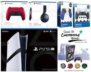 Sony Playstation 5 Pro Bundle with Black Pulse Headset, Extra Volcanic Red Controller, Trigger Stop Kit, FPS Grip Kit and MightySkins Decal Voucher Plus 2 Year CPS Extended Warranty