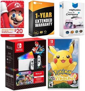 Nintendo Switch OLED Console Mario Kart 8 Bundle with Pokemon Let's Go, Pikachu!, Nintendo $20 eShop Gift Card, MightySkins Console and Controller Skin Voucher and 1 Year CPS Extended Warranty