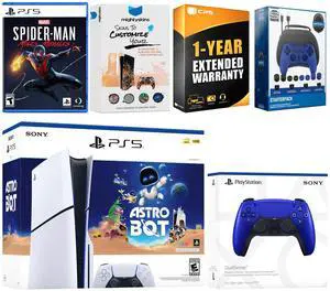 Sony PlayStation 5 Slim Disc Astro Bot, Spider-Man Miles Morales Bundle with Extra Cobalt Blue Controller, Pro Gamer Starter Kit, MightySkins Code and 1 Year Extended Warranty