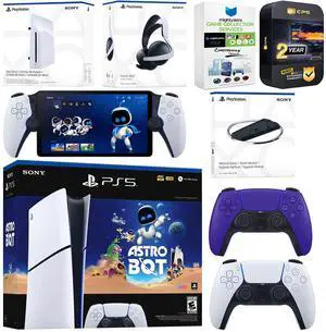 Sony PlayStation 5 Astro Bot Slim Digital Bundle with Disc Drive, Pulse Elite Headset, Extra Controller, PlayStation Portal, Vertical Stand, MightySkins Game Collection Services and 2 Year Extended W Sony PlayStation 5 Astro Bot Slim Digital Bundle with Disc Drive, Pulse Elite Headset, Extra Controller, PlayStation Portal, Vertical Stand, MightySkins Game Collection Services and 2 Year Extended W