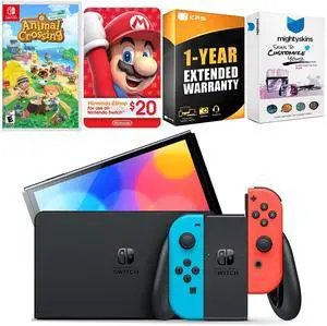Nintendo Switch Neon Red & Blue OLED Console with Animal Crossing New Horizons, Nintendo $20 eShop Gift Card, MightySkins Console and Controller Skin Voucher and 1 Year CPS Extended Warranty