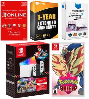 Nintendo Switch OLED Console Mario Kart 8 Bundle with Pokemon Shield, NSO 12 Month Family Membership, MightySkins Console and Controller Skin Voucher, and 1 Year CPS Extended Warranty