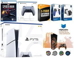 Sony Playstation 5 Slim Disc with Spider-Man: Miles Morales, Extra Sterling Silver Controller, Trigger Stop Kit, Charge Dock and MightySkins Decal Voucher + 1 Year CPS Extended Warranty