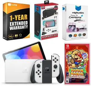 Nintendo Switch White OLED Console with Paper Mario: the Thousand Year Door, Surge Accessory Gaming Kit, MightySkins Console and Controller Skin Voucher, and 1 Year CPS Extended Warranty
